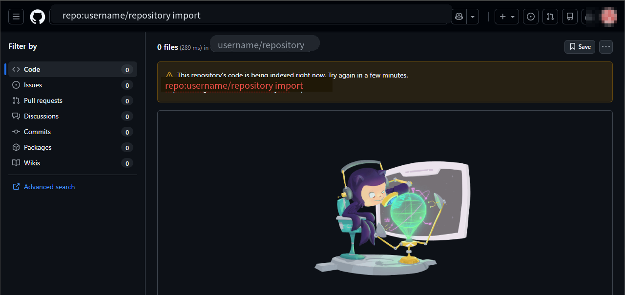 GitHubでコード検索インデックスを作成中と表示された画面