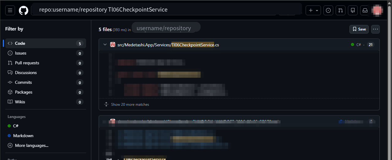 GitHubコード検索のインデックス作成後にクラス名が正常に検索された画面