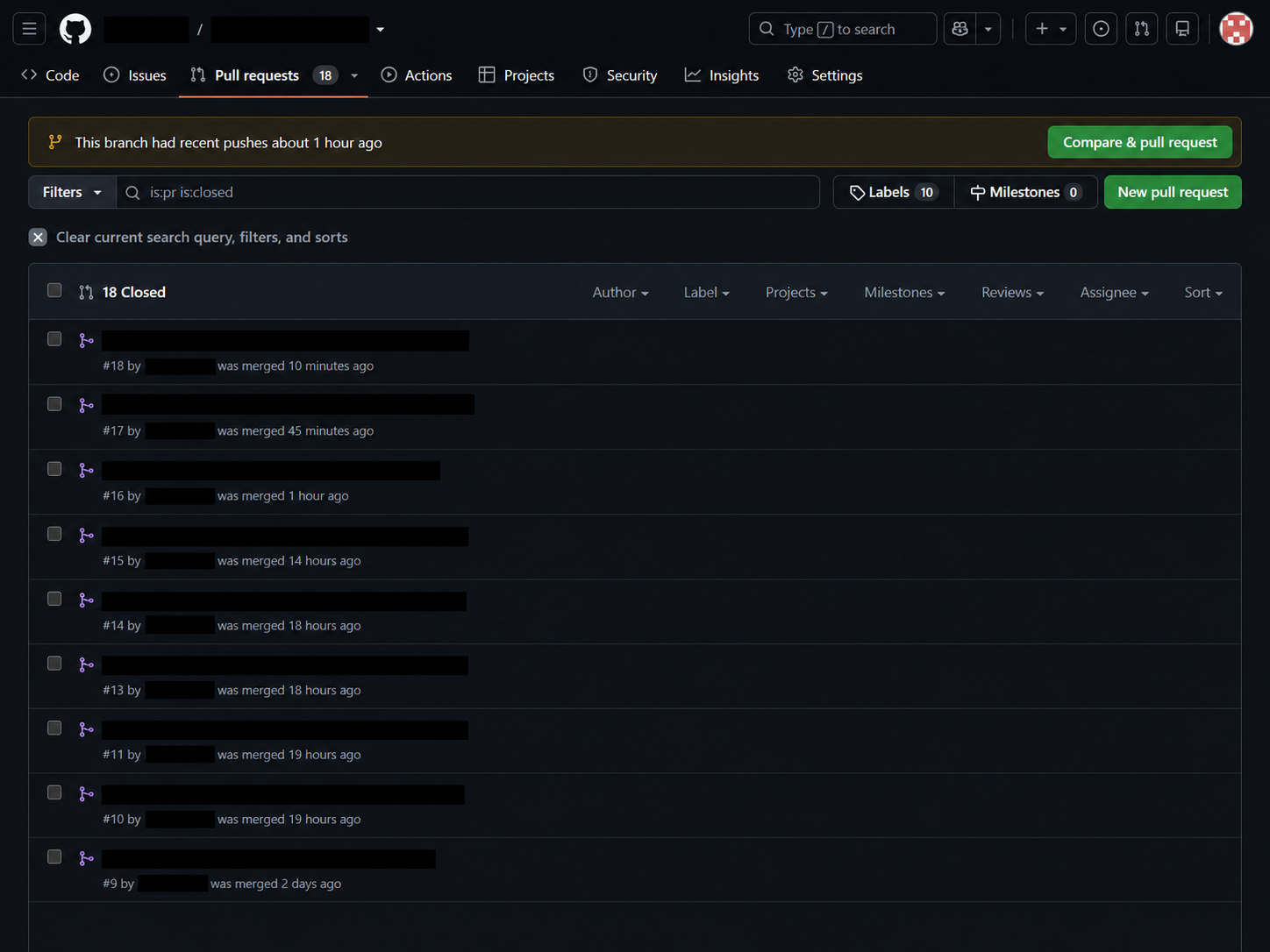 ChatGPTとの開発で作成されマージされたGitHub Pull Requestの一覧を機密情報を伏せて表示した画像