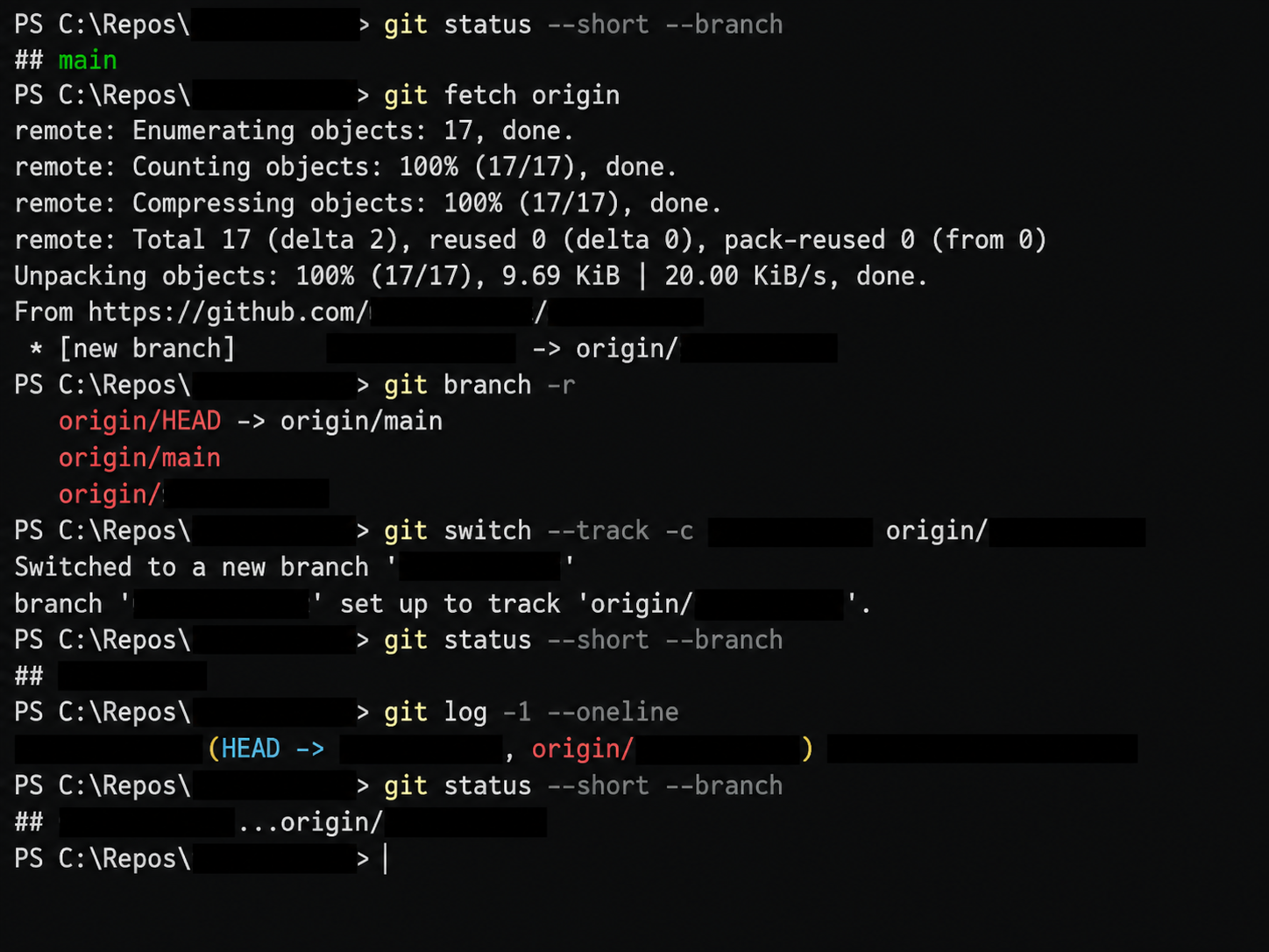 PowerShellでGitHubから実装済みブランチをfetchしてswitchしている公開用画像