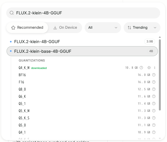 Unsloth DesktopでFLUX.2 Klein Base 4Bの量子化を選択