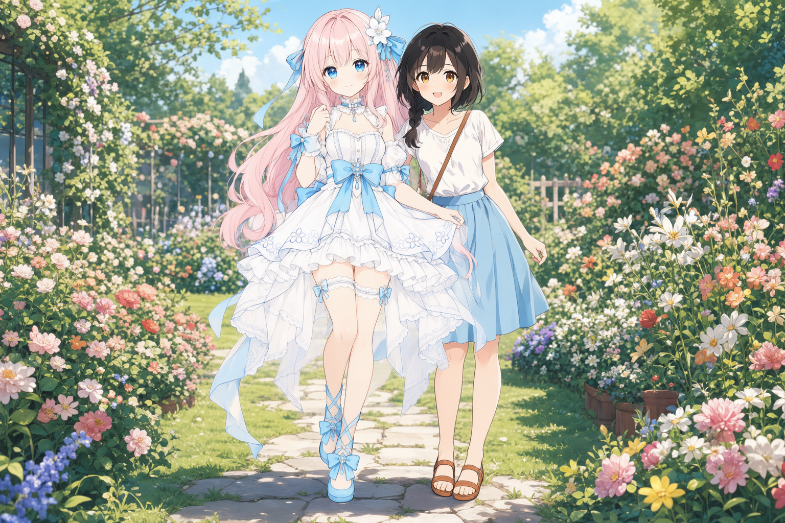 Qwen-Image 2.1で2人のキャラクターを花園の1枚絵へ統合した結果